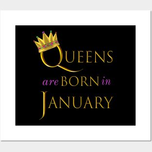 Queens are Born in January. Fun Birthday Statement. Gold Crown and Gold and Royal Purple Letters. Posters and Art